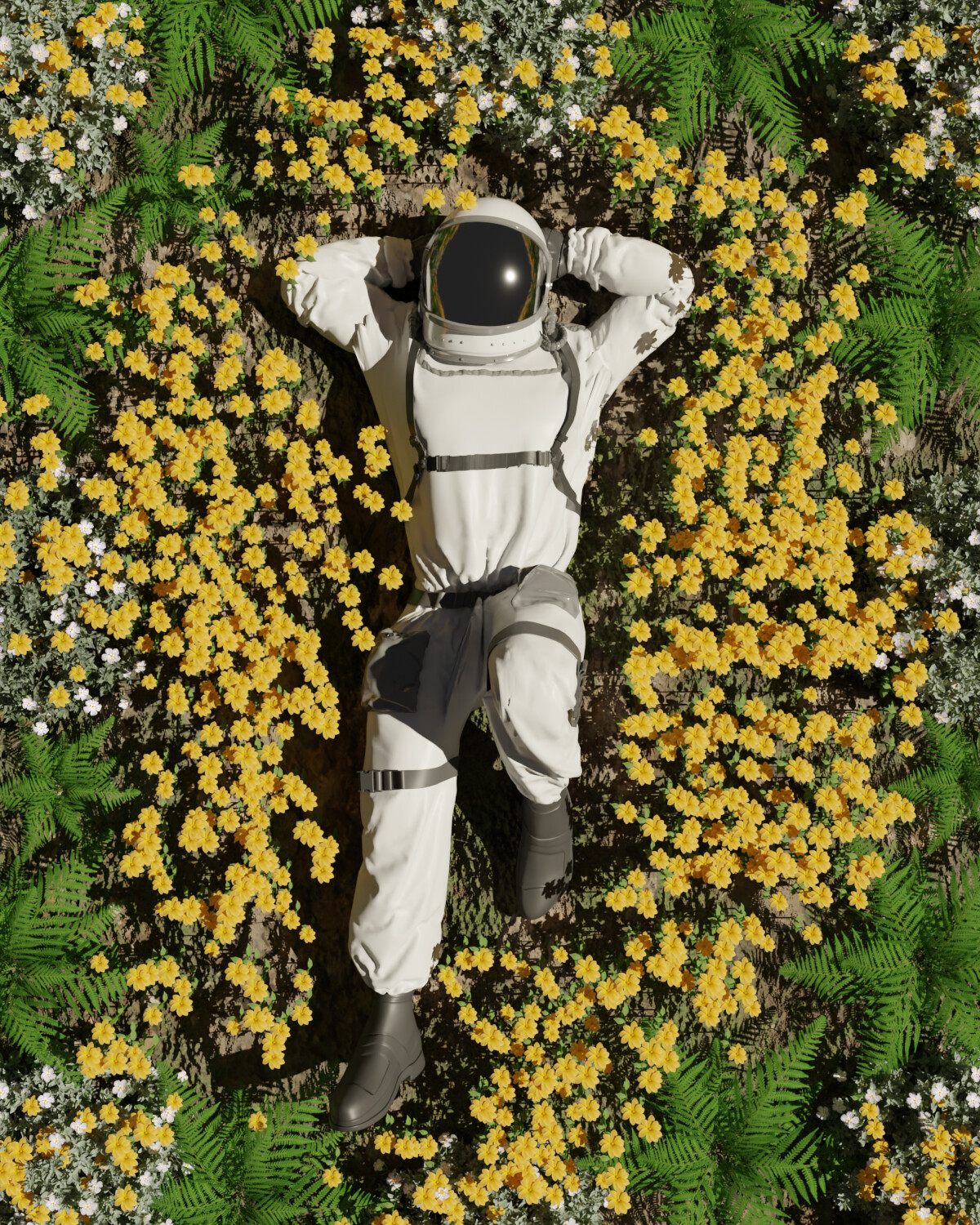 Astronaut character lying in a flower field, top-down render