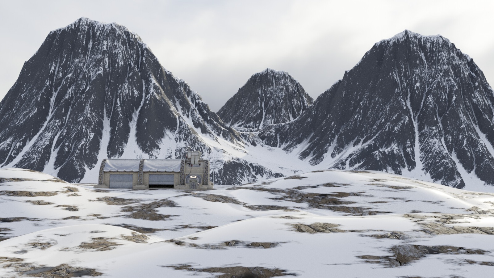 Research outpost render in a snowy mountain range