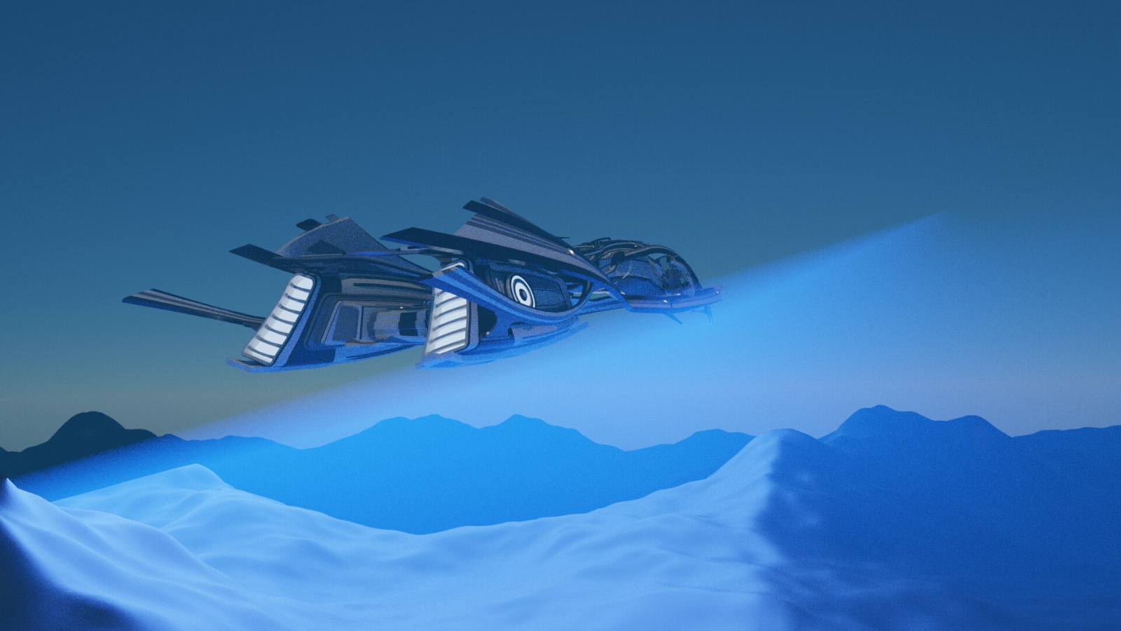 Concept spacecraft flying over icy mountains